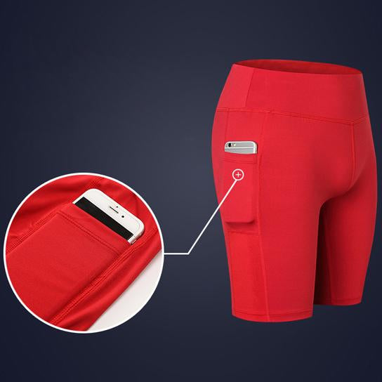 Red Yoga Shorts with Phone Pocket - Jacrit Fitness