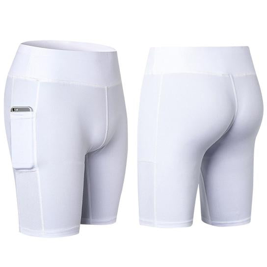 White Yoga Shorts Stretchable With Phone Pocket - Jacrit Fitness