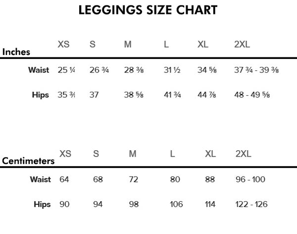 Leggings Size Chart - Jacrit Fitness
